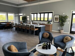 A modern, open-concept living and dining area with sleek gray walls, bar seating at a kitchen island, and cozy lounge chairs around a small table. Large windows and a door offer views of greenery outside. Potted plants decorate the space.