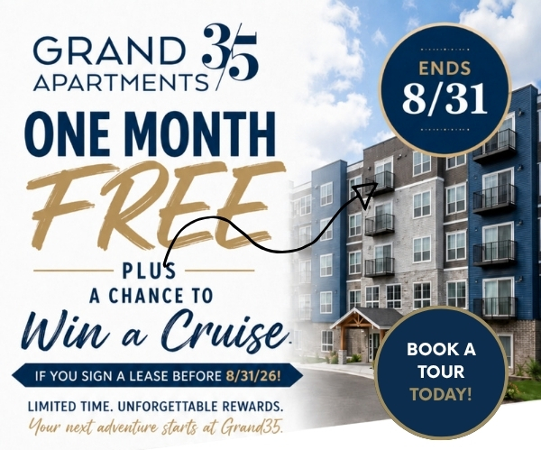 Promotional poster for Grand 35 Apartments: “One Month Free” with a chance to win a cruise, ends 8/31; call to book a tour today.