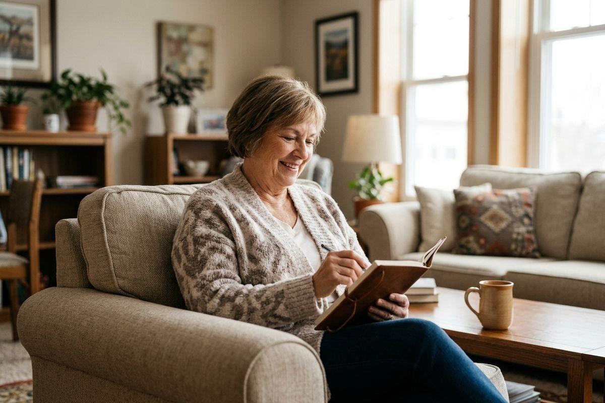 An older adult smiling while writing in a small notebook, seated in an armchair in a cozy living room with a mug on the coffee table nearby.