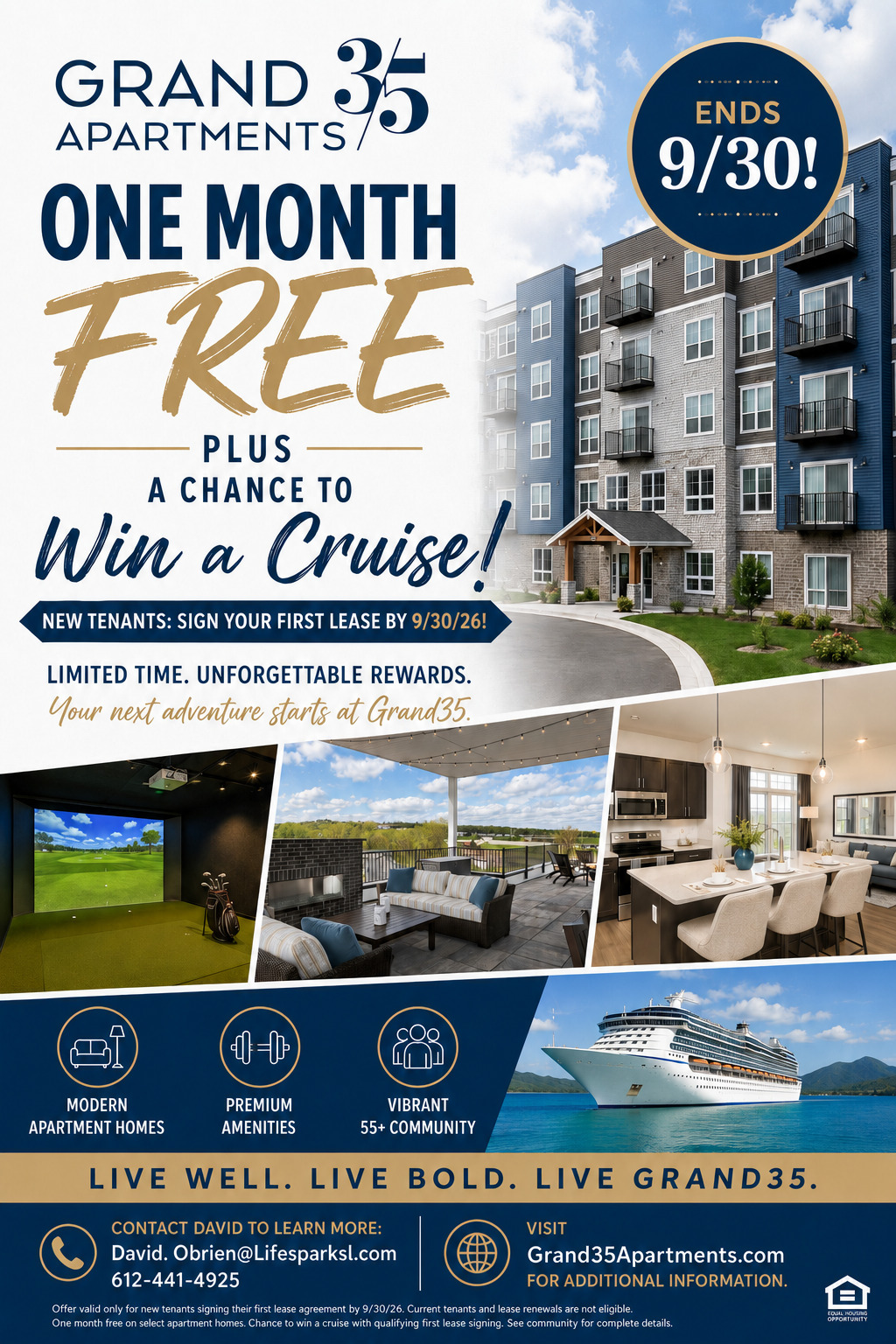 Promotional poster for Grand35 Apartments: one month free and a chance to win a cruise; shows a modern building, interior spaces, outdoor terrace, and a cruise ship.