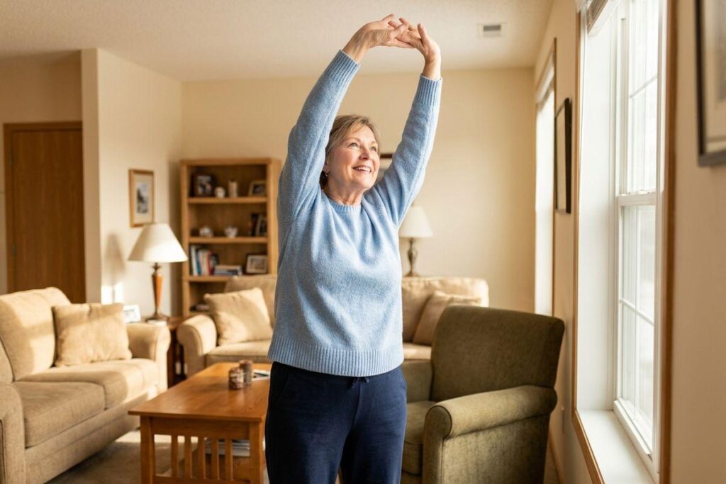 An older adult smiling while stretching in a sunlit living room.