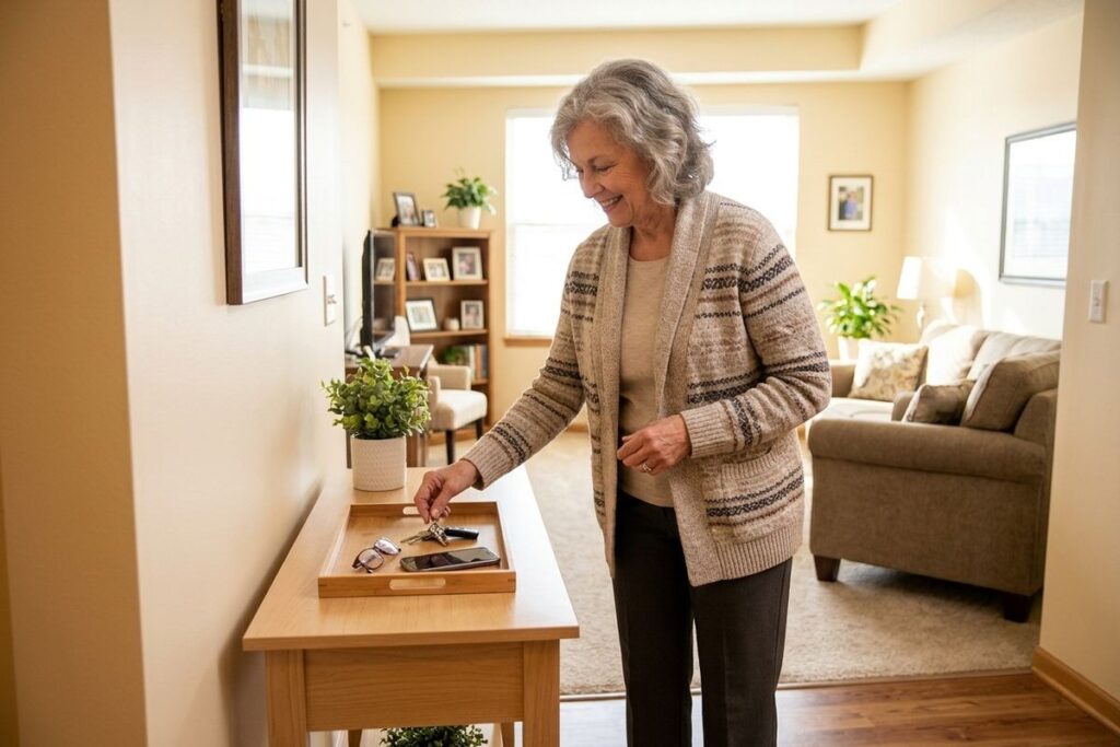 Older adult smiling while picking up keys from an entryway table holding glasses and a phone, with a living room visible behind.
