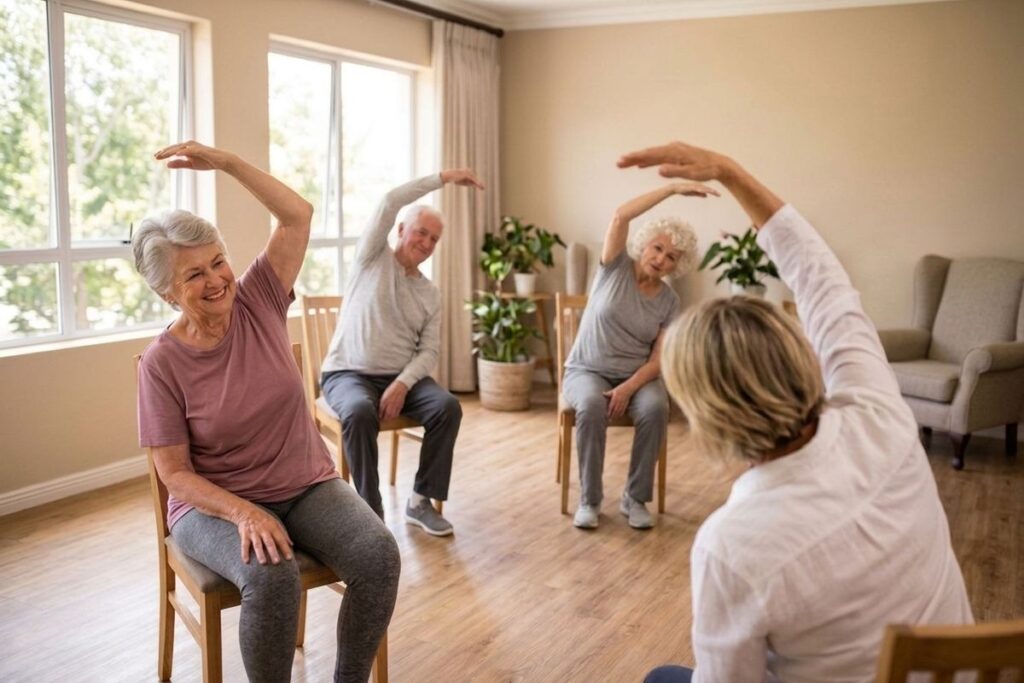 Smiling adults perform seated side-stretches in a bright room during a class led by an instructor.