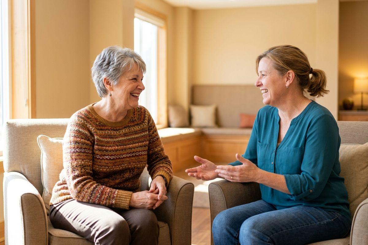 Two adults smile as they sit in armchairs facing each other and talk in a sunlit room.